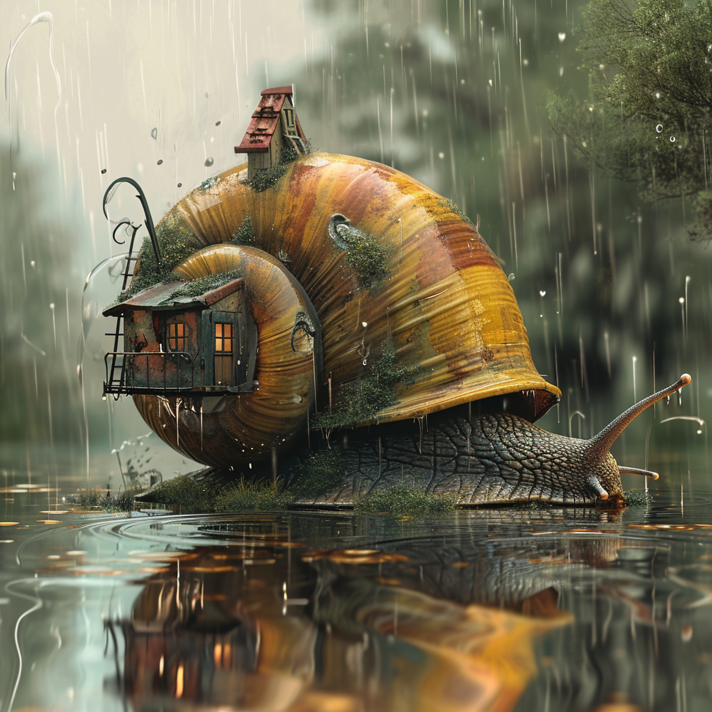 Giant snail in the rain with reflections