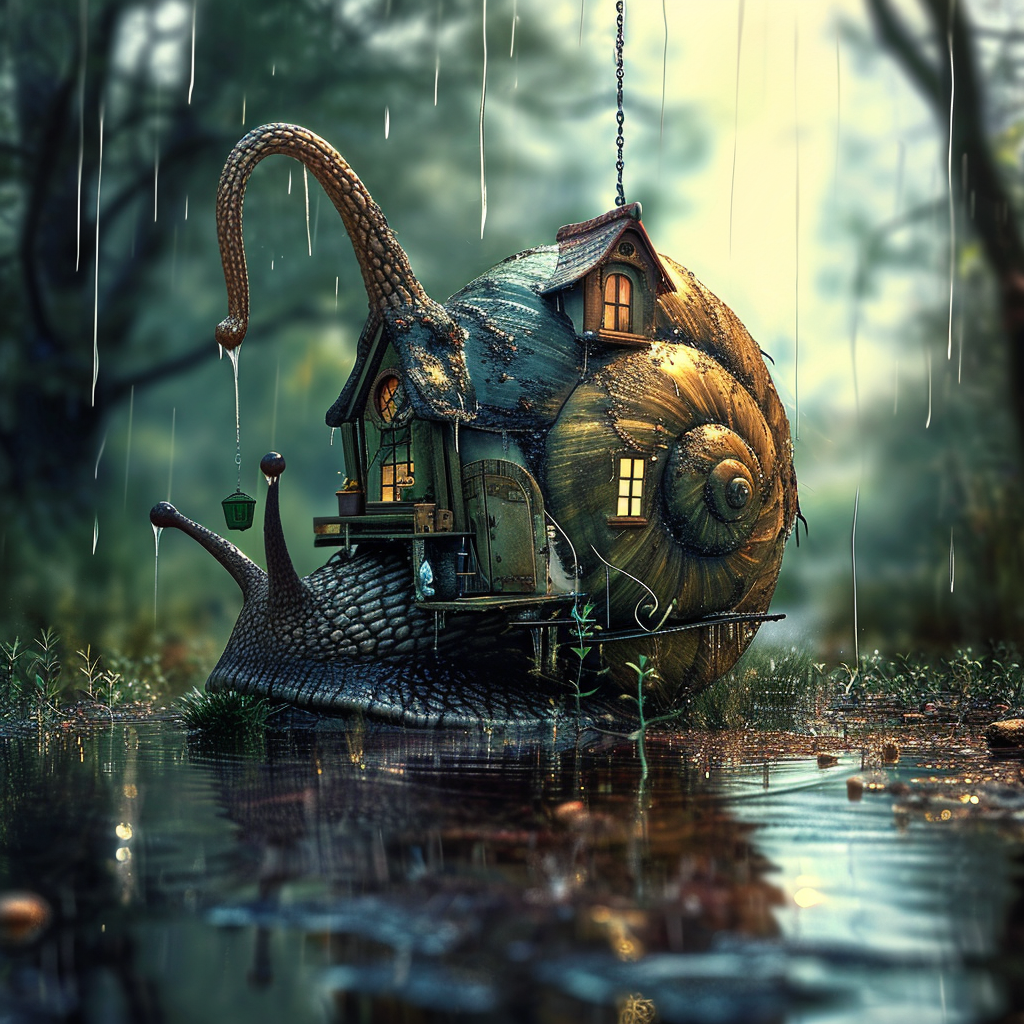 Giant snail with house in rain