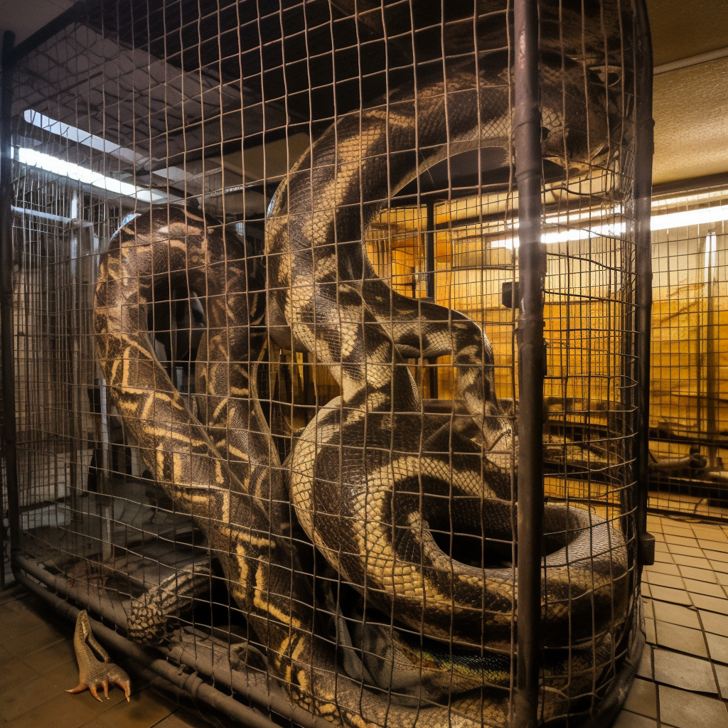 Closeup of a cage with a giant snake