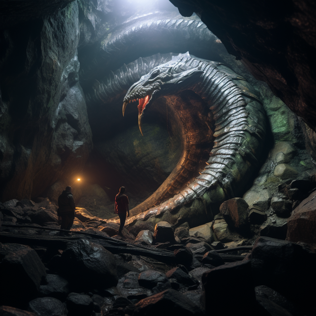 Massive snake-like leviathan striking cave wall