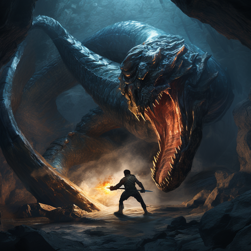 Leviathan snake attacked by spear in cave