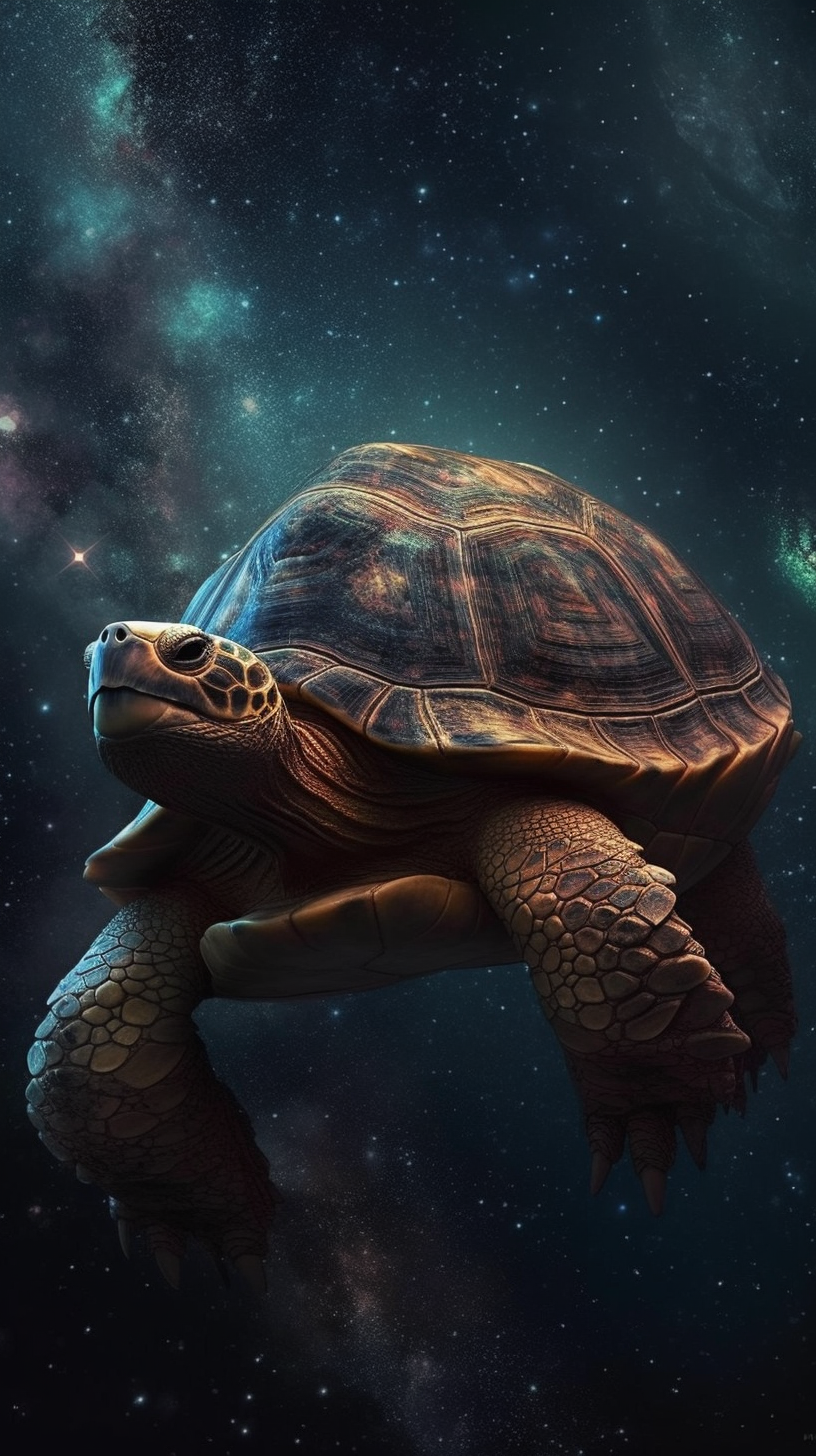 Giant space turtle with planetary shell swimming through space