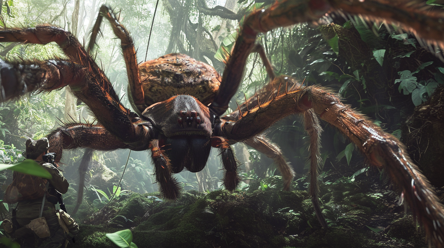 Giant spider about to attack man in jungle