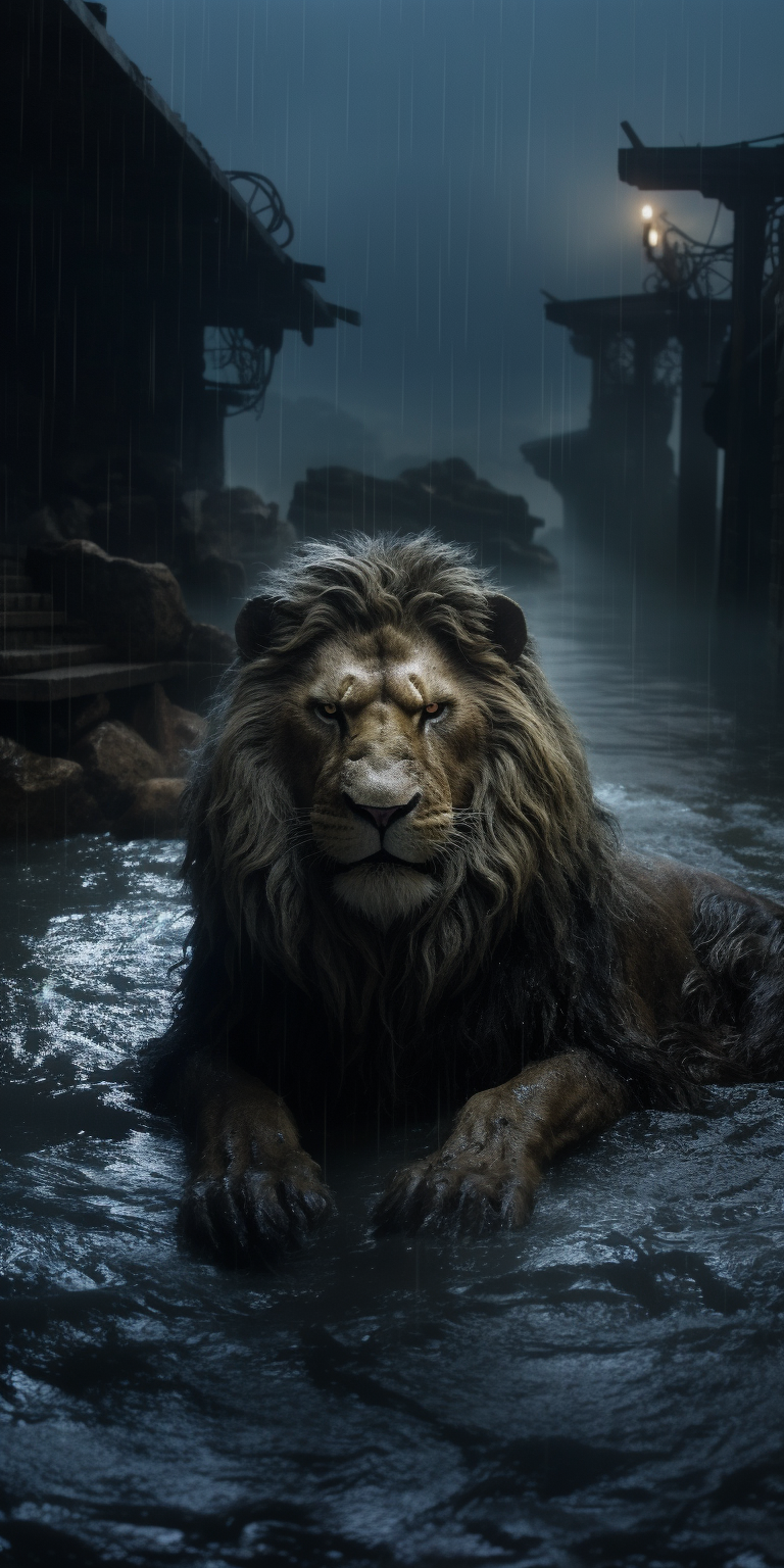 Stone lion blocking flooded river