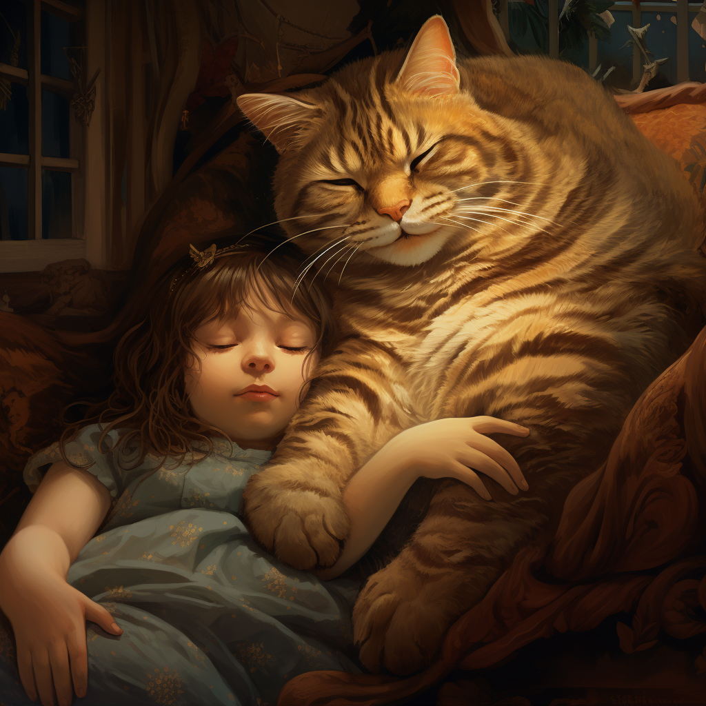 Sleeping Girl in Lap of Giant Tabby Cat