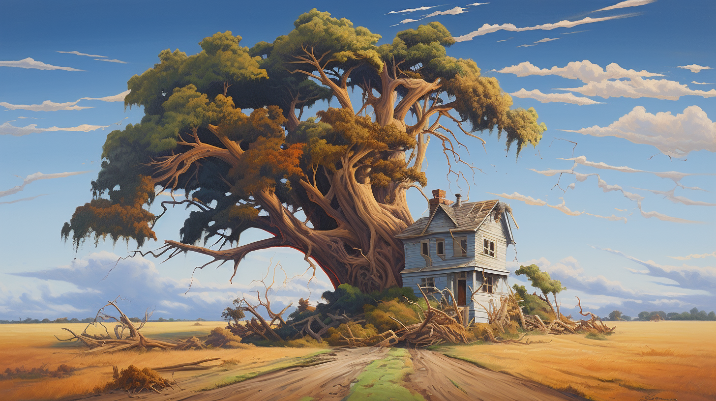 Beautiful oil painting of a giant tree falling on a small house