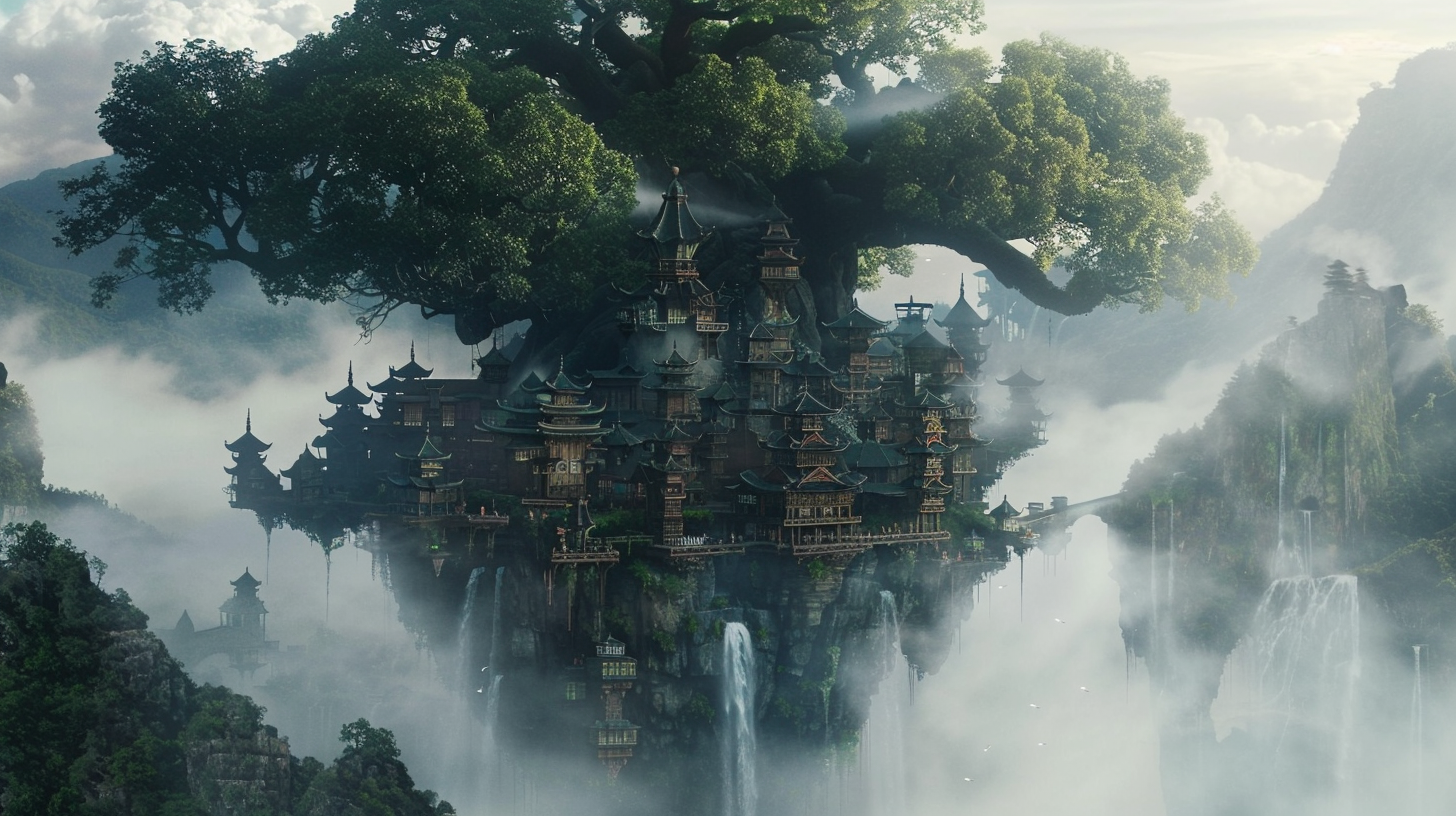 Magical tree city misty waterfall