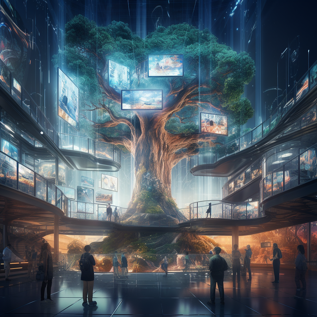 Futuristic city with giant tree and digital screens