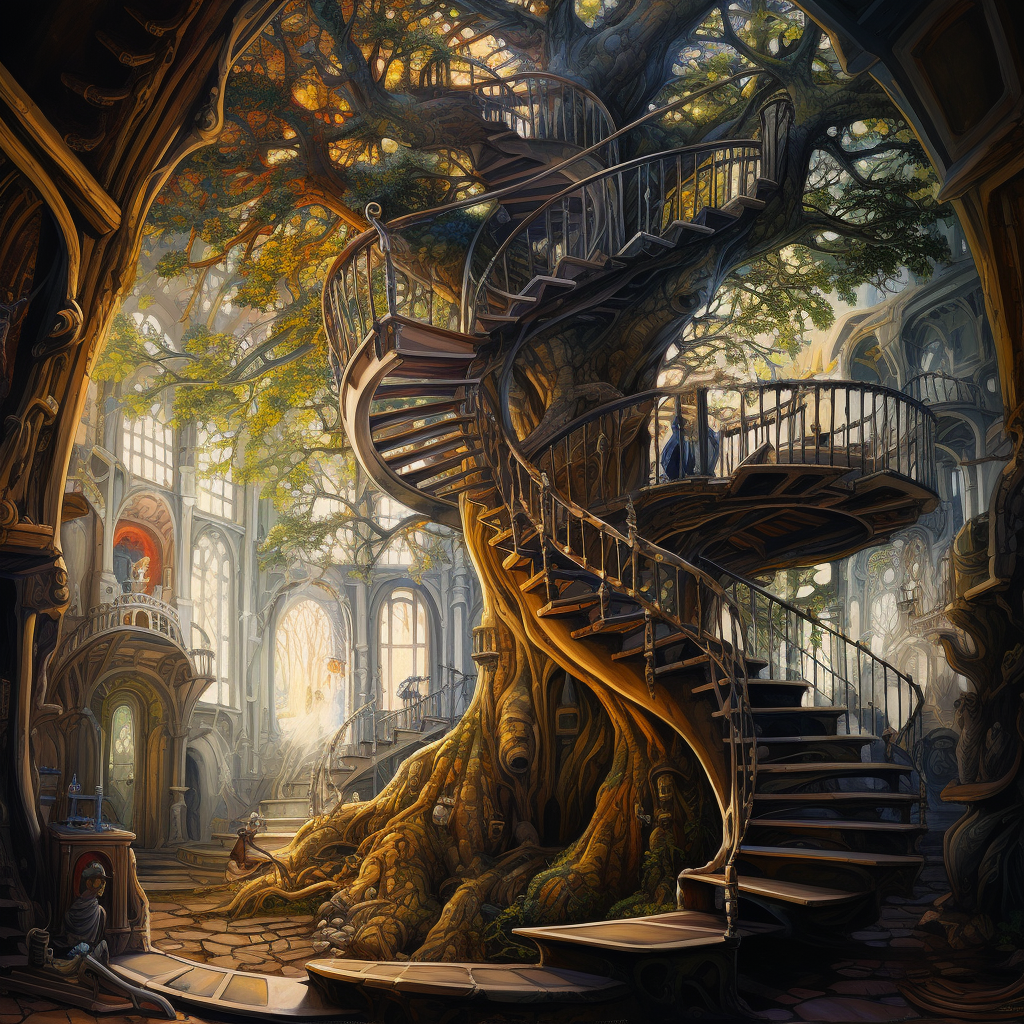 A mesmerizing giant tree with spiral staircase and enchanting windows