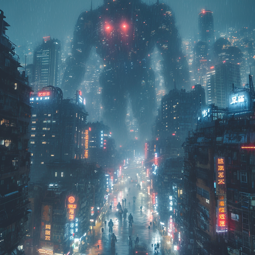 Giant Ultraman in Cyberpunk City at Night