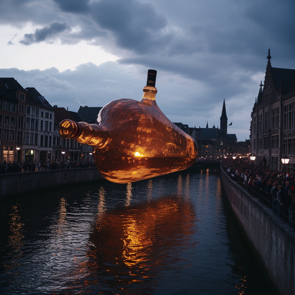 giant whiskey bottle on Graslei Ghent