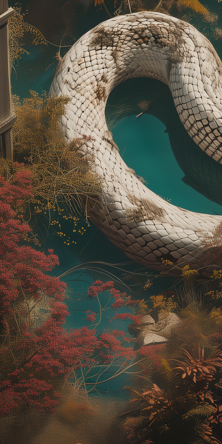 Eerie beauty of a giant white snake in a wasted city