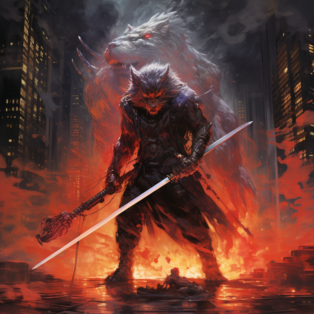 Majestic Giant Wolf Warrior with Fiery Katana