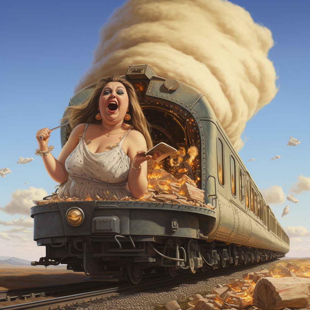 Wow! Giant woman devouring a train