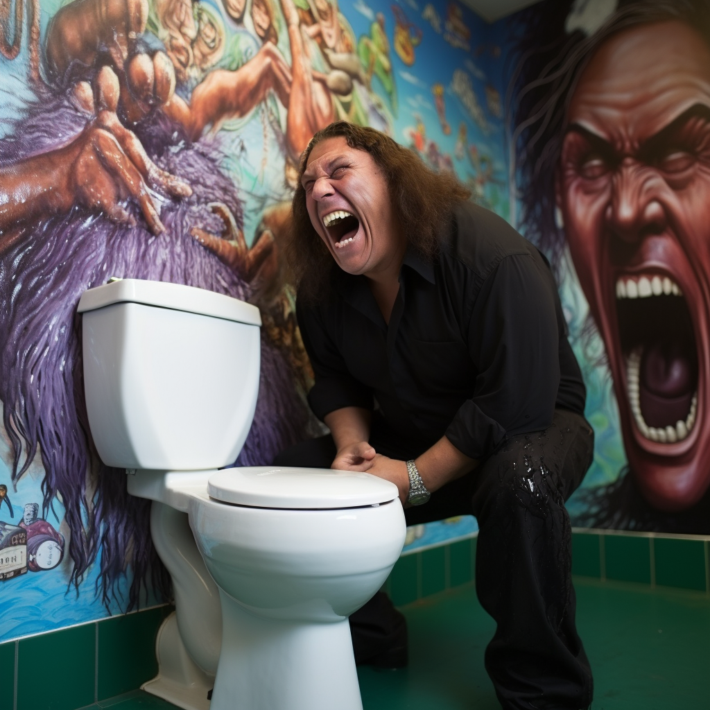 Andre the Giant laughing at a toilet