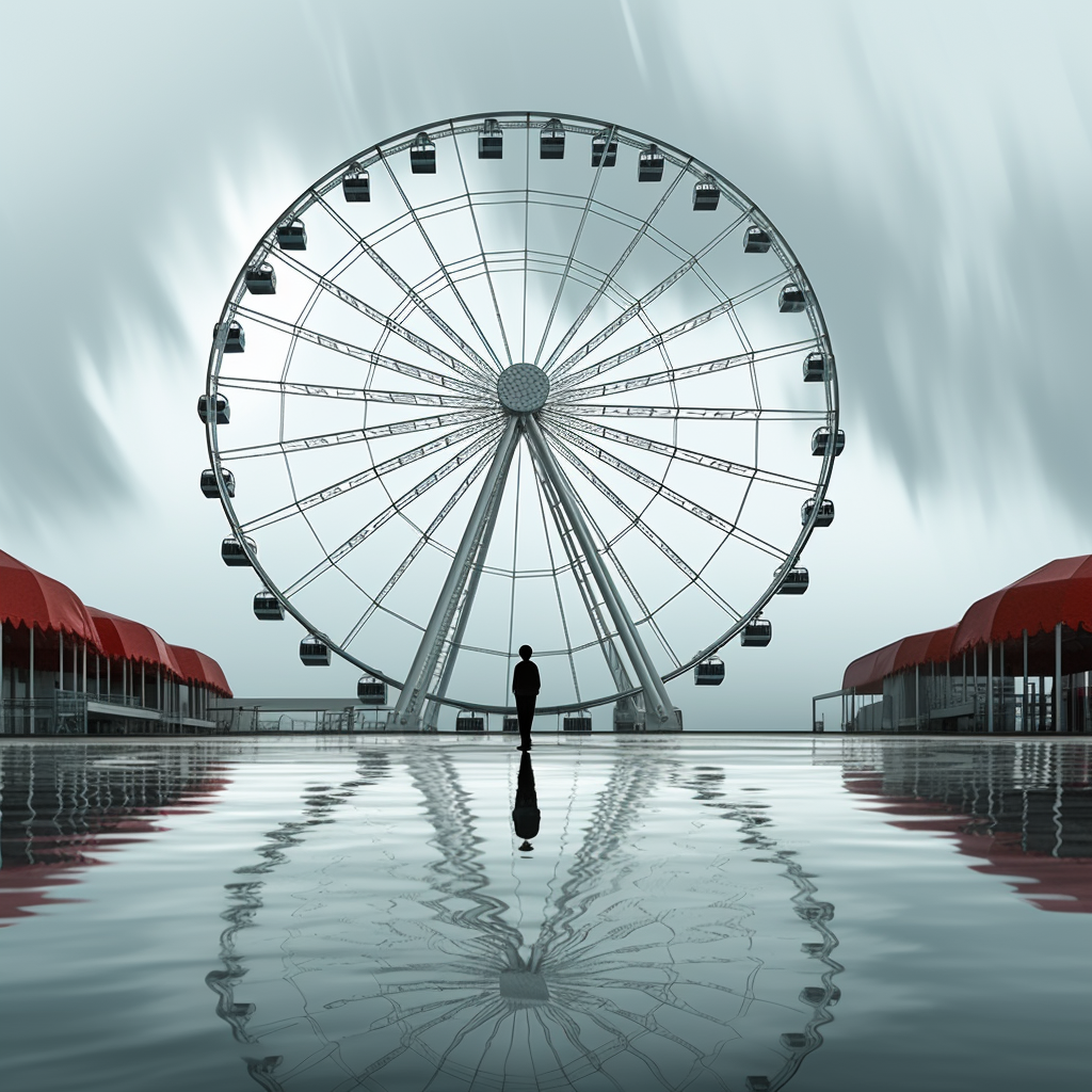 Giant wheel and swimming pool under rainy skies