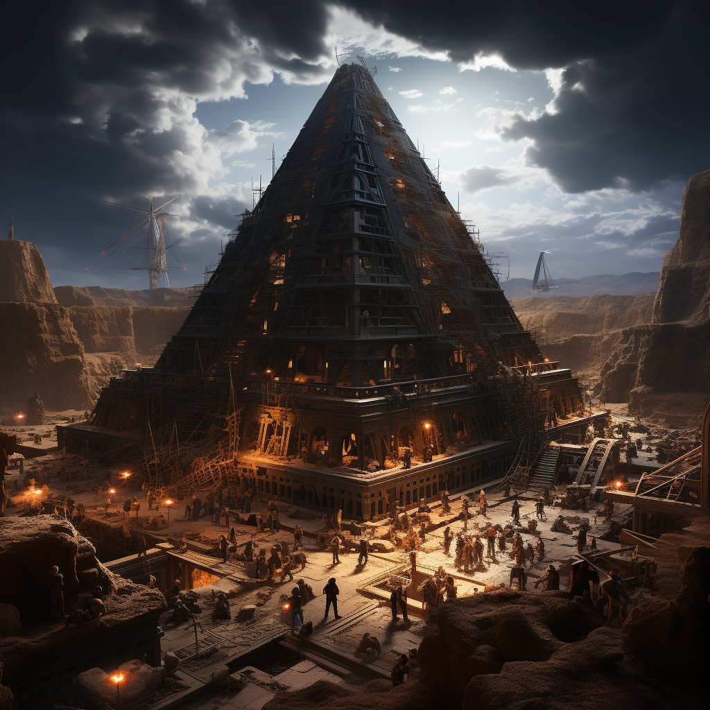 Giants and Aliens constructing a pyramid