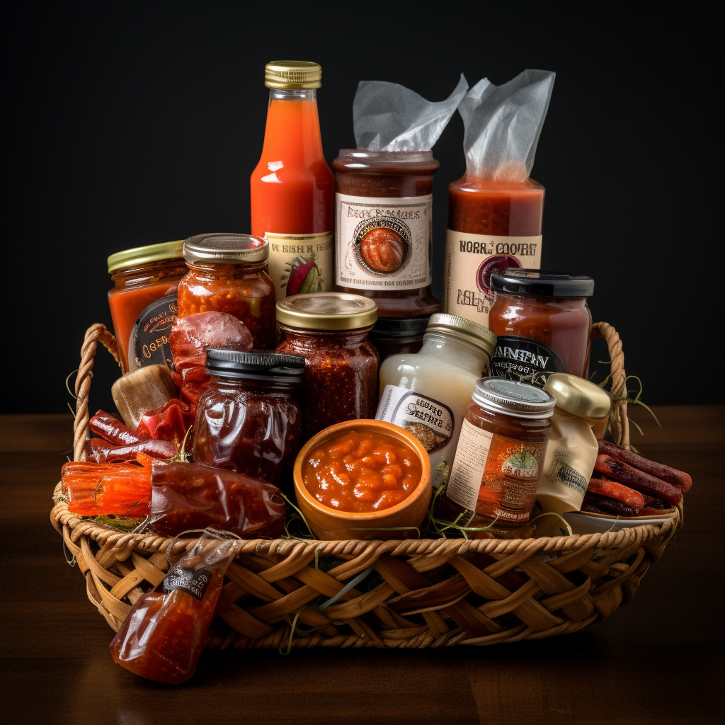 Tasty gift basket with barbecue sauces, jellies, and food products