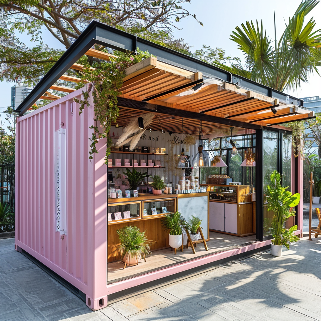 Small gift shop in a ship container with pink and white colors