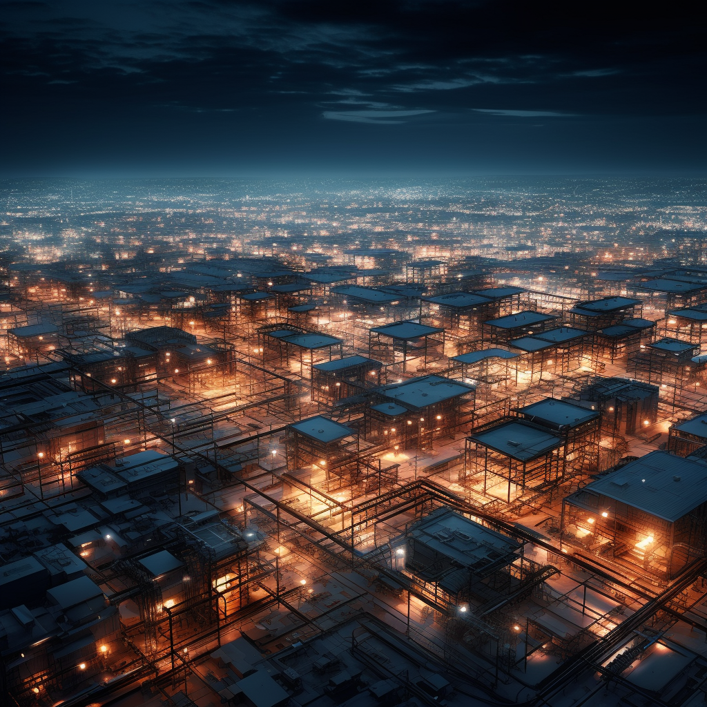 Aerial view of dense industrial lights grid