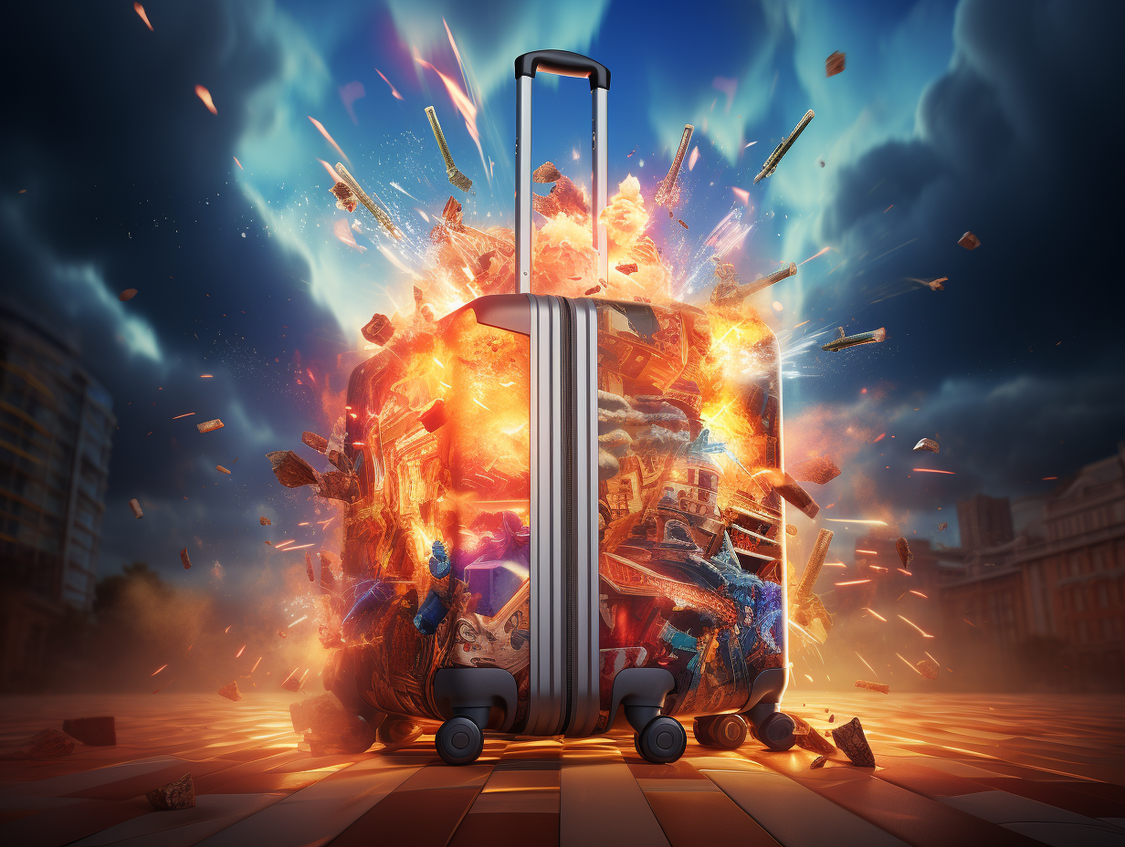 Gigantic iPhone 15 and Rimowa Suitcase in a magical explosion