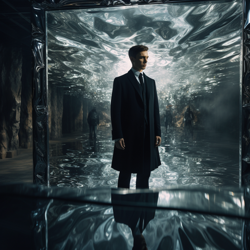 Man in black suit looking through a gigantic mirror