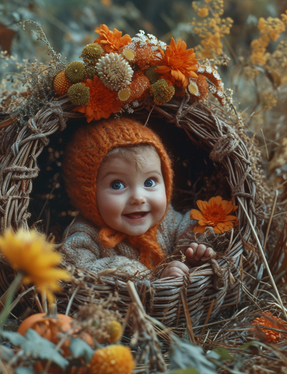 Baby wearing pumpkin hat crawling cornucopia