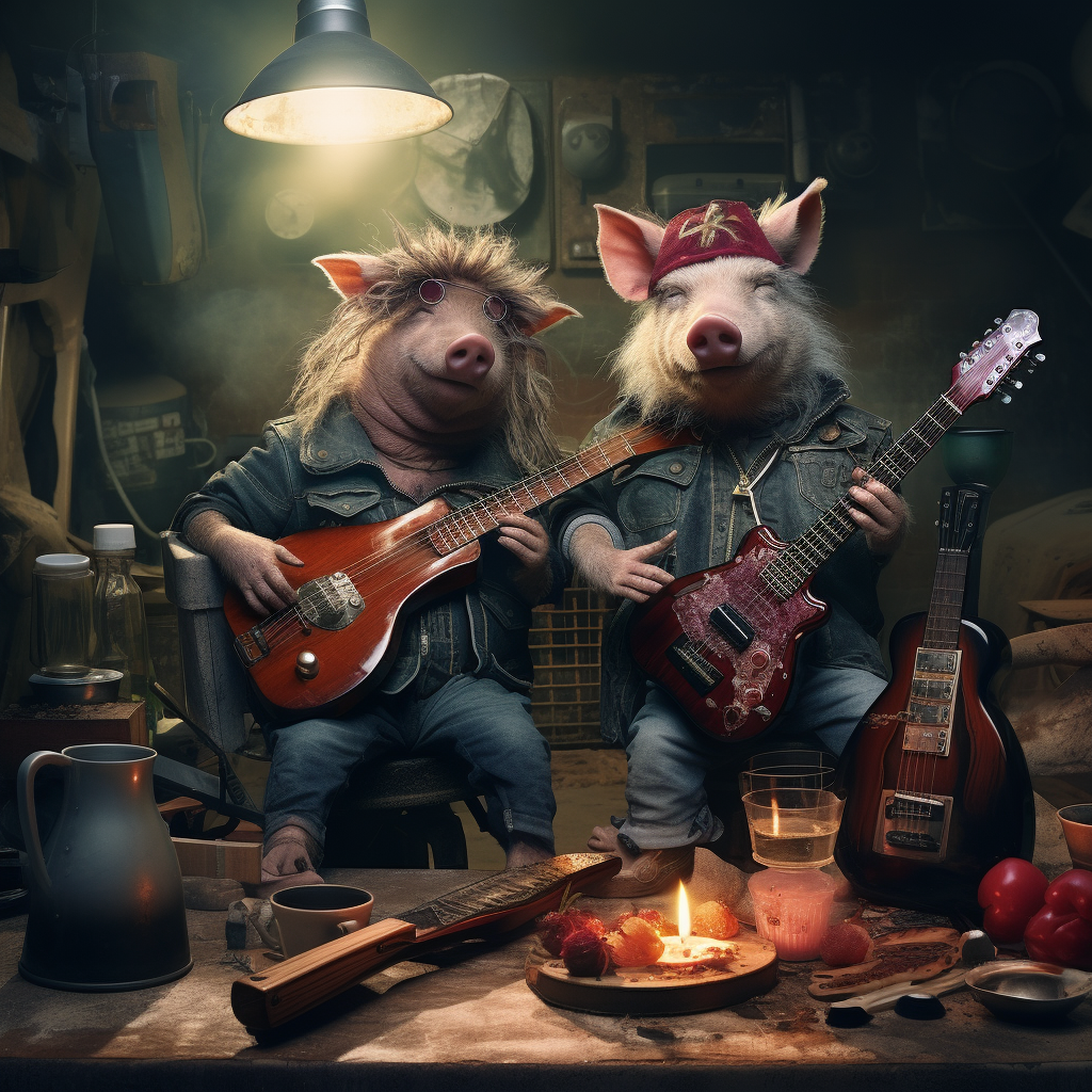 Two giggling cyberpunk pigs rocking an electric guitar