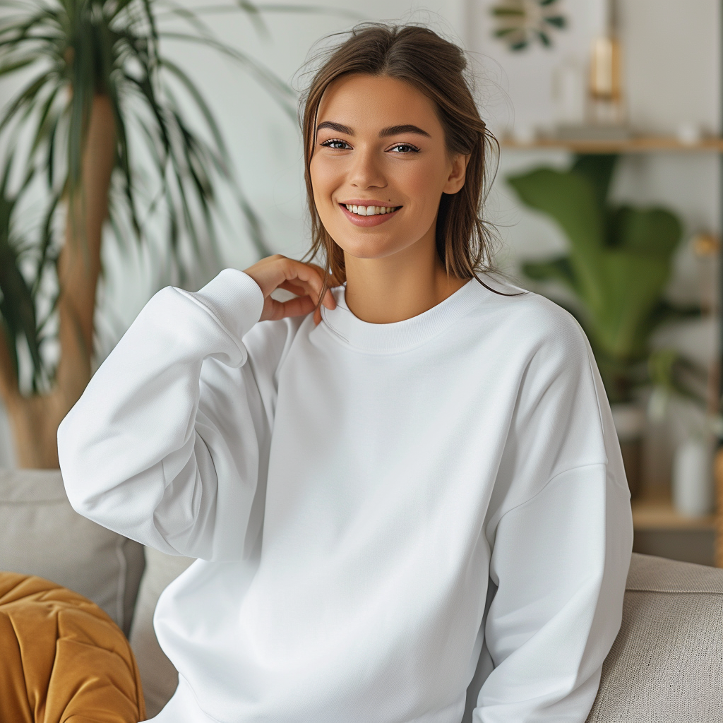 Woman in Gildan 18000 white blank sweatshirt