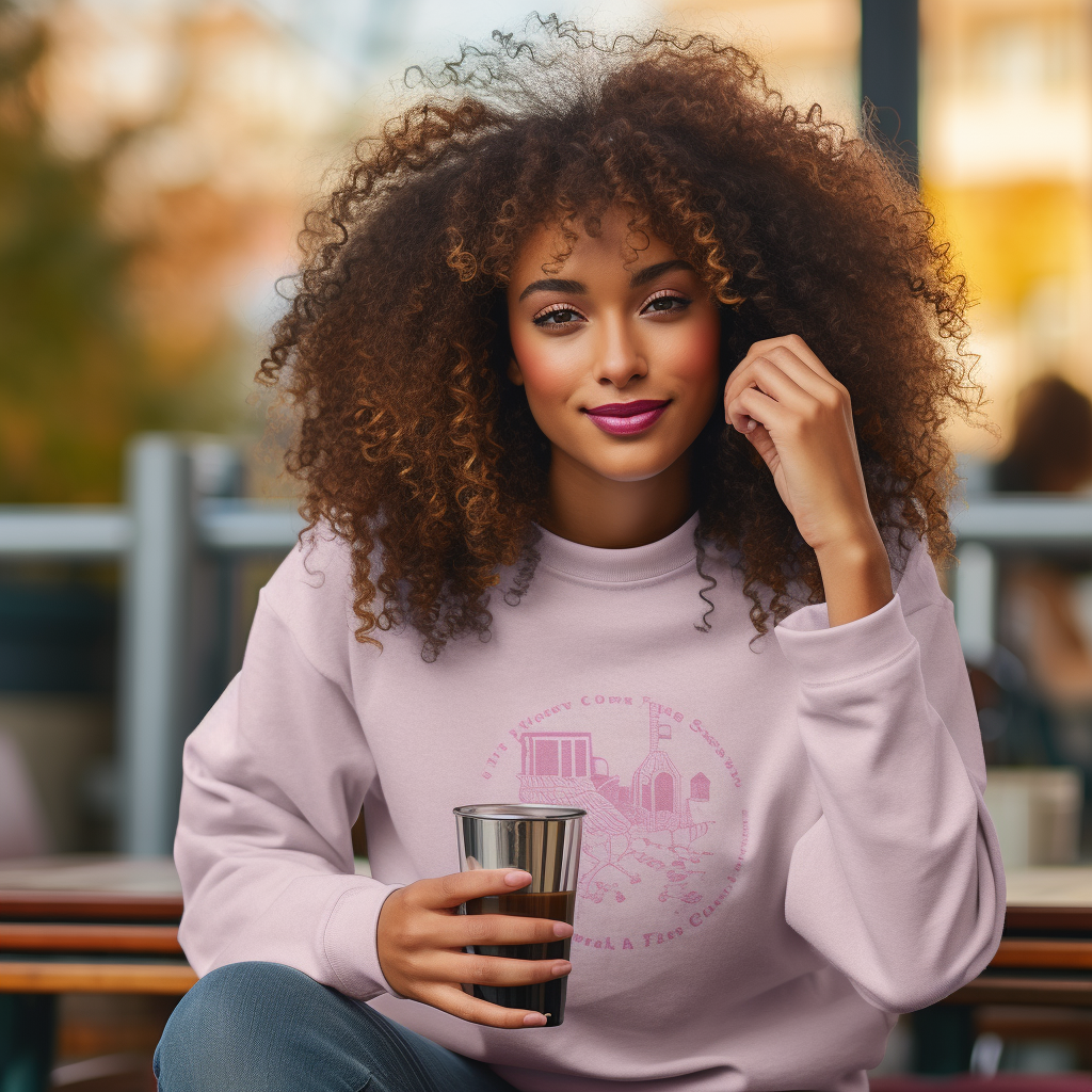 African American woman wearing pink sweatshirt with curly hair and pink stanley cup