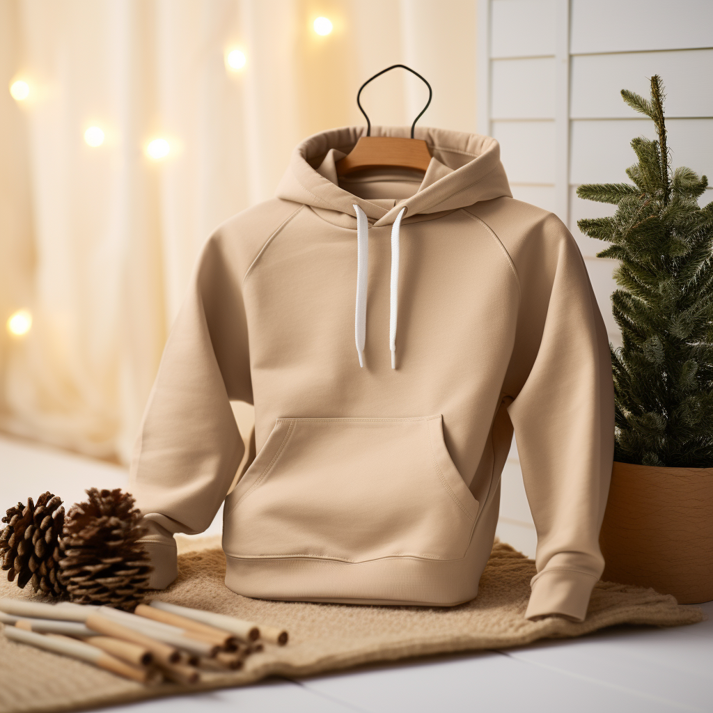 Mockup of sand-coloured Gildan hoodie in bedroom with Christmas decorations