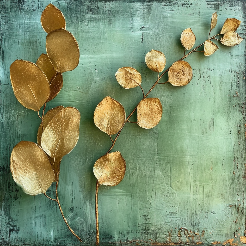 Gilded Embossed Eucalyptus Leaves on Green Background