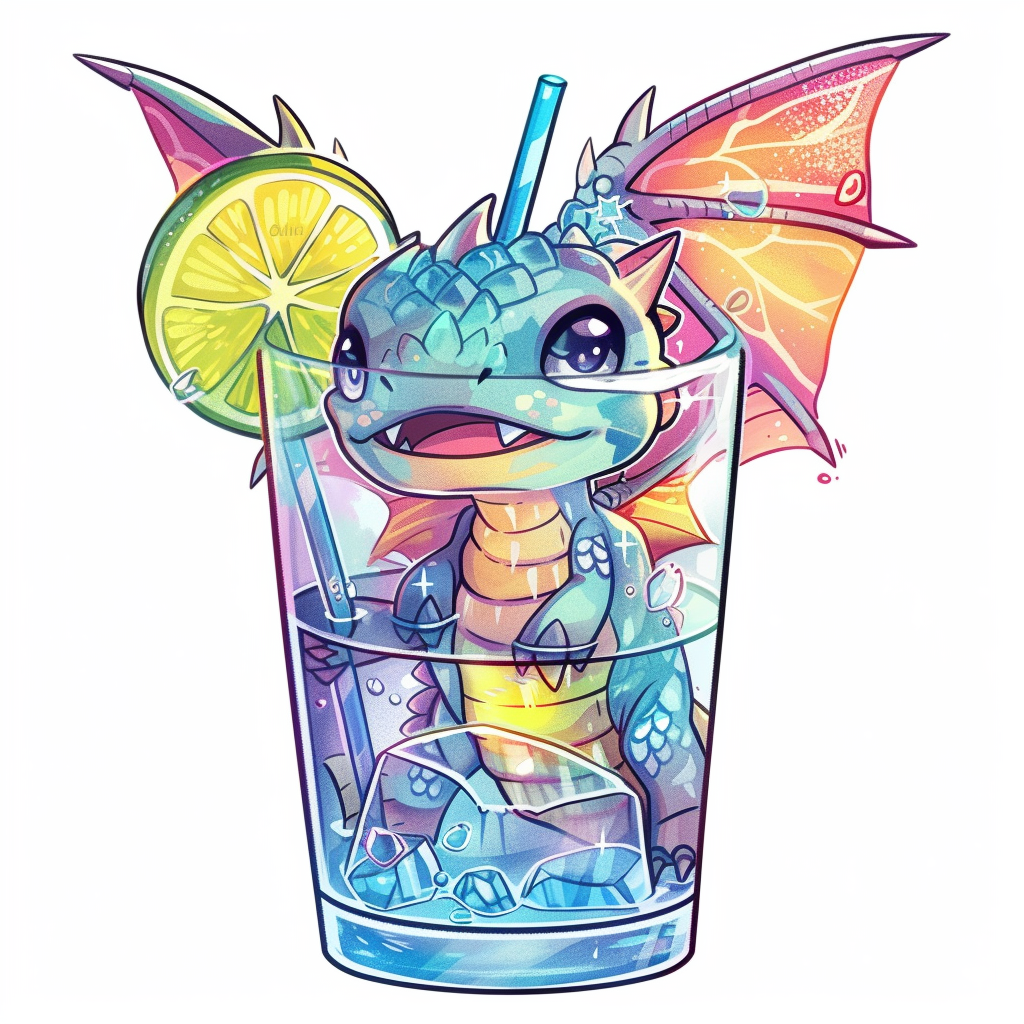 Cute dragon with gin tonic cocktail