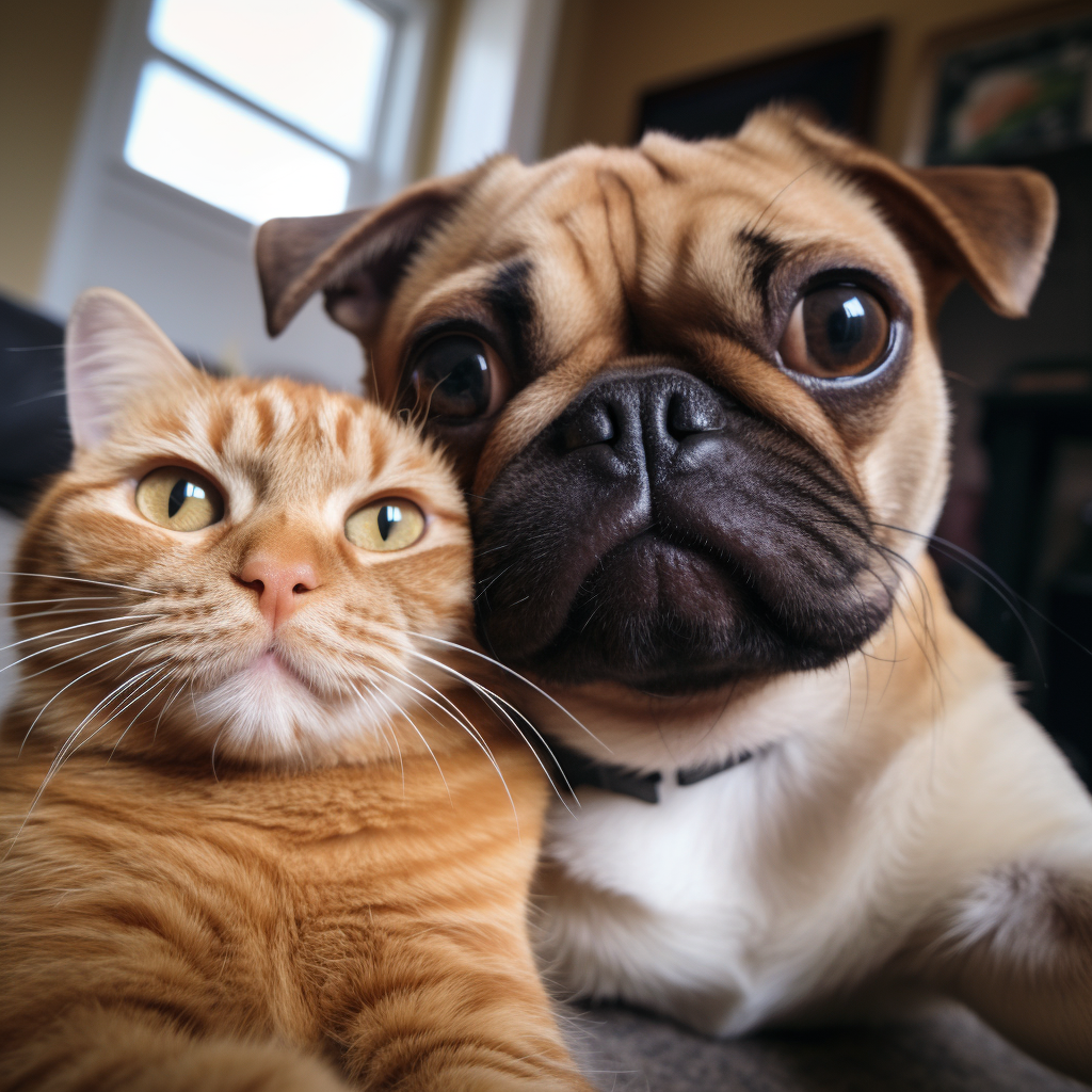 Ginger Cat and Pug Dog Selfie