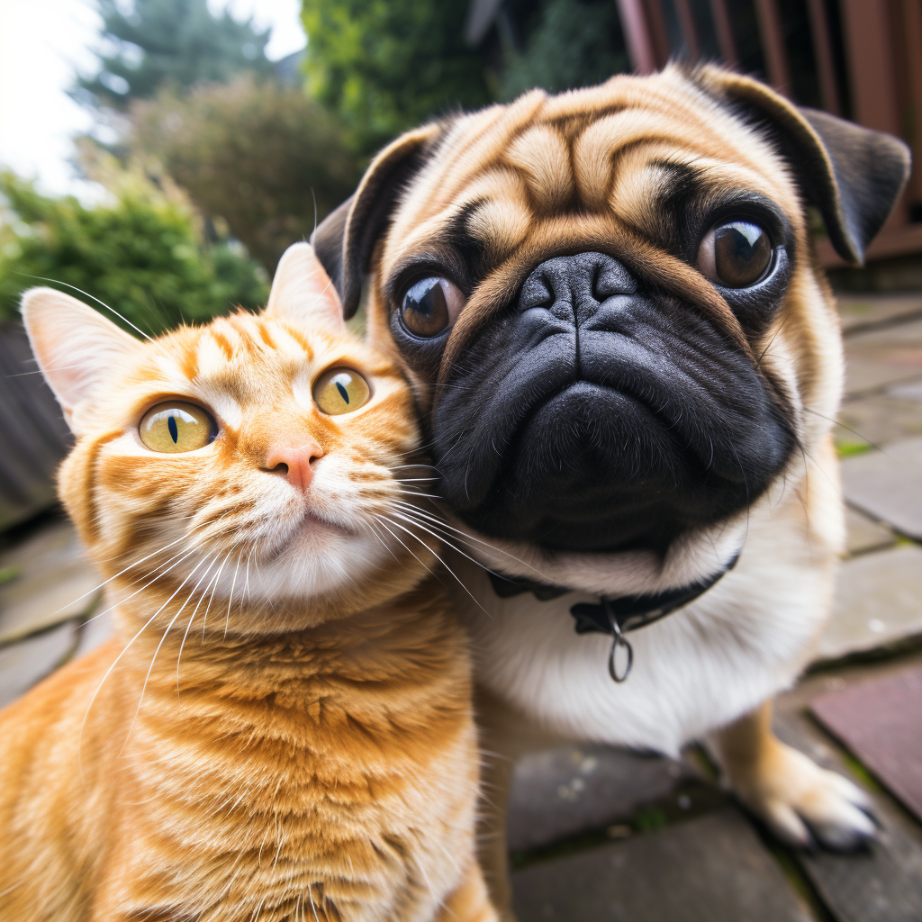 Ginger cat taking selfie with pug dog