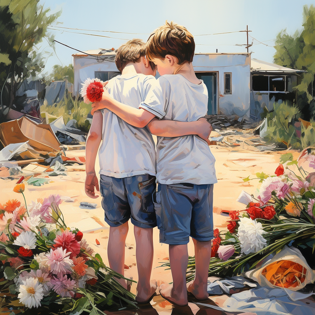 Two ginger-haired boys hugging in front of destroyed houses