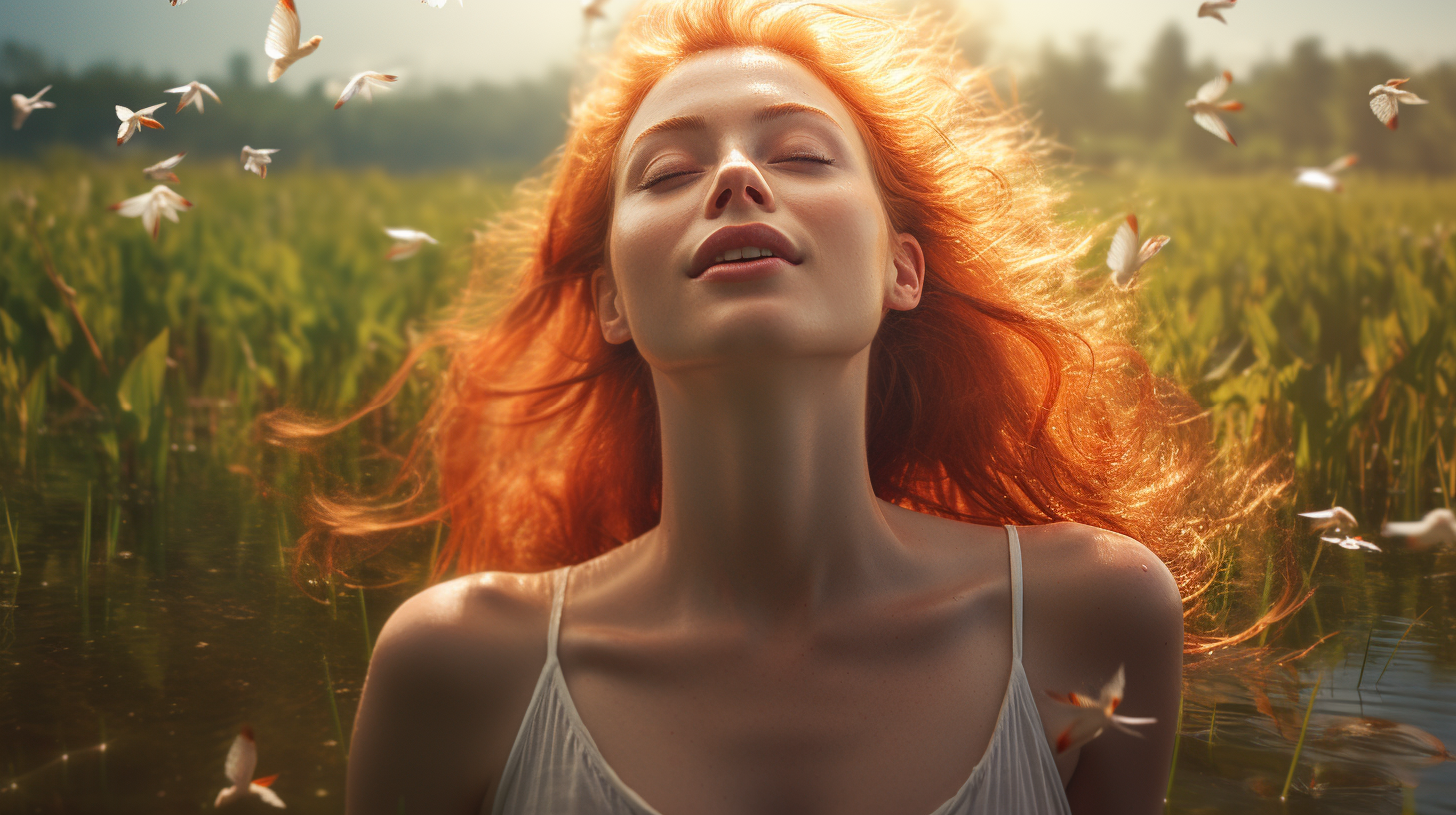 Ginger woman in white dress emerging from pond