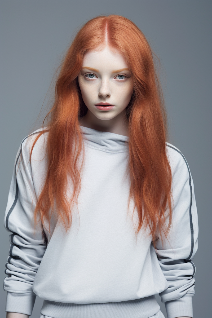 Ginger woman in sporty outfit against grey background