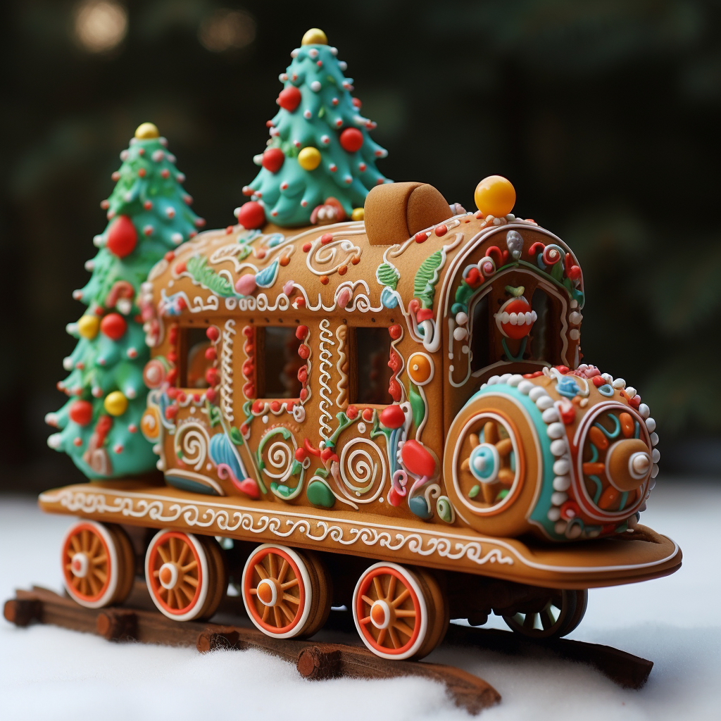 Gingerbread Christmas train with cookies and trees