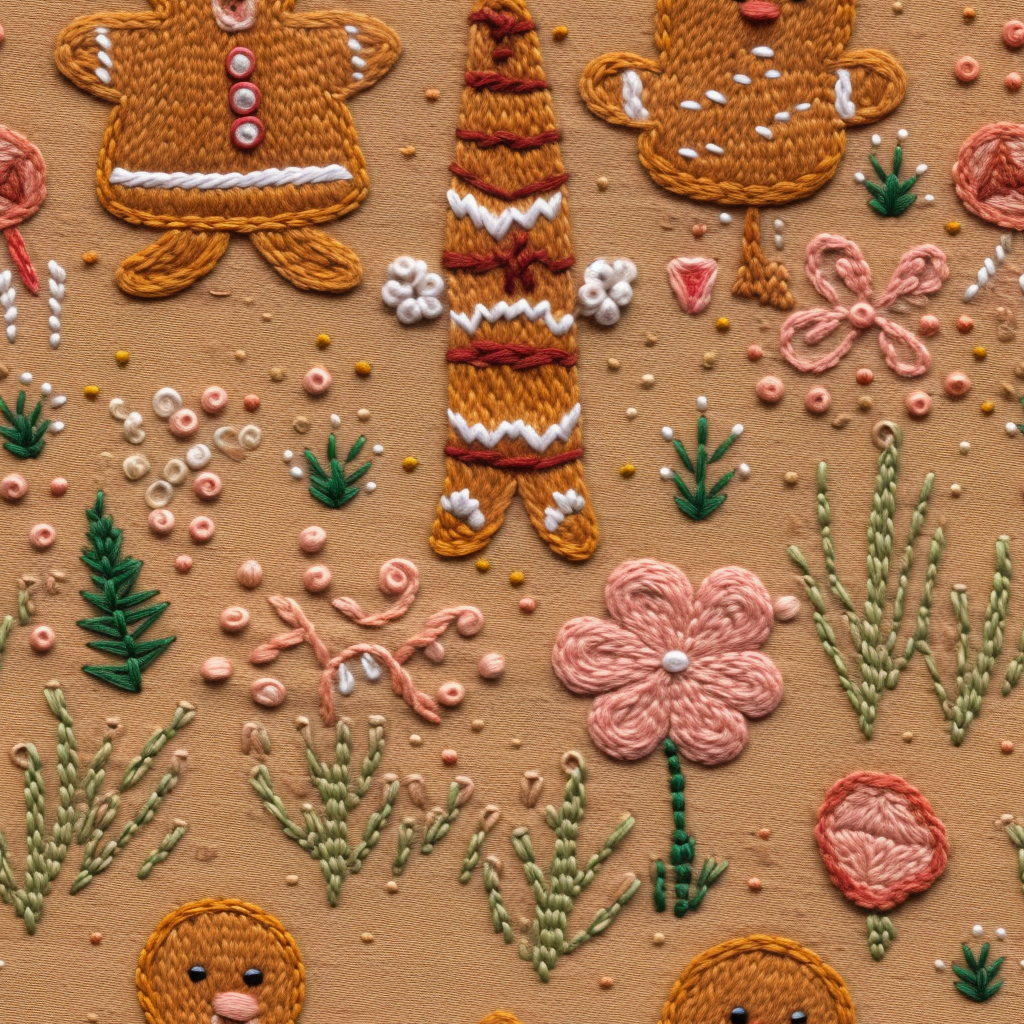 Detailed gingerbread embroidery on textured fabric