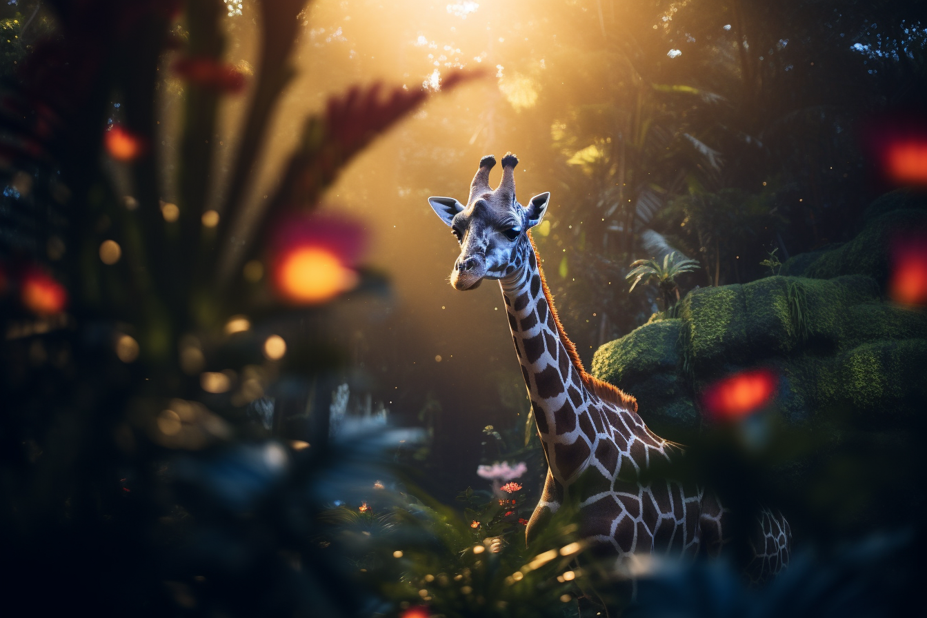 Giraffe in Bromeliad Forest under Cinematic Blue Lighting