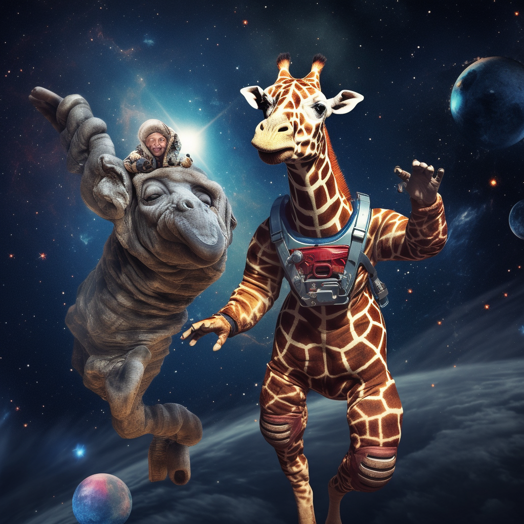 Giraffe and Elephant doing cartwheels in outer space