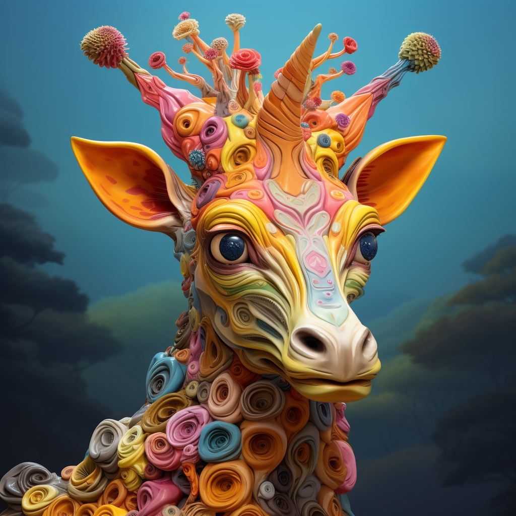 Colorful giraffe with mushrooms on its head