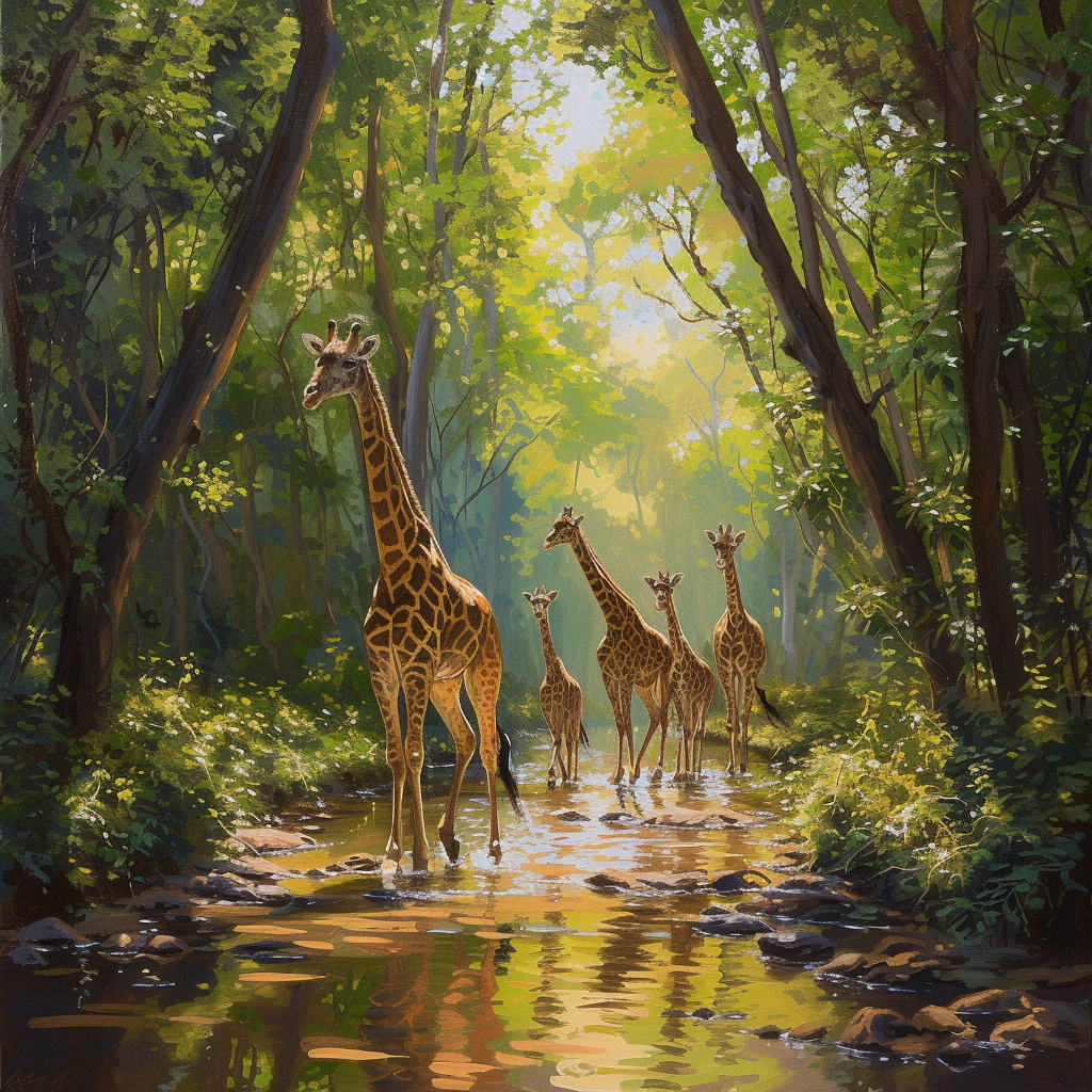 Giraffes in African Forest Stream