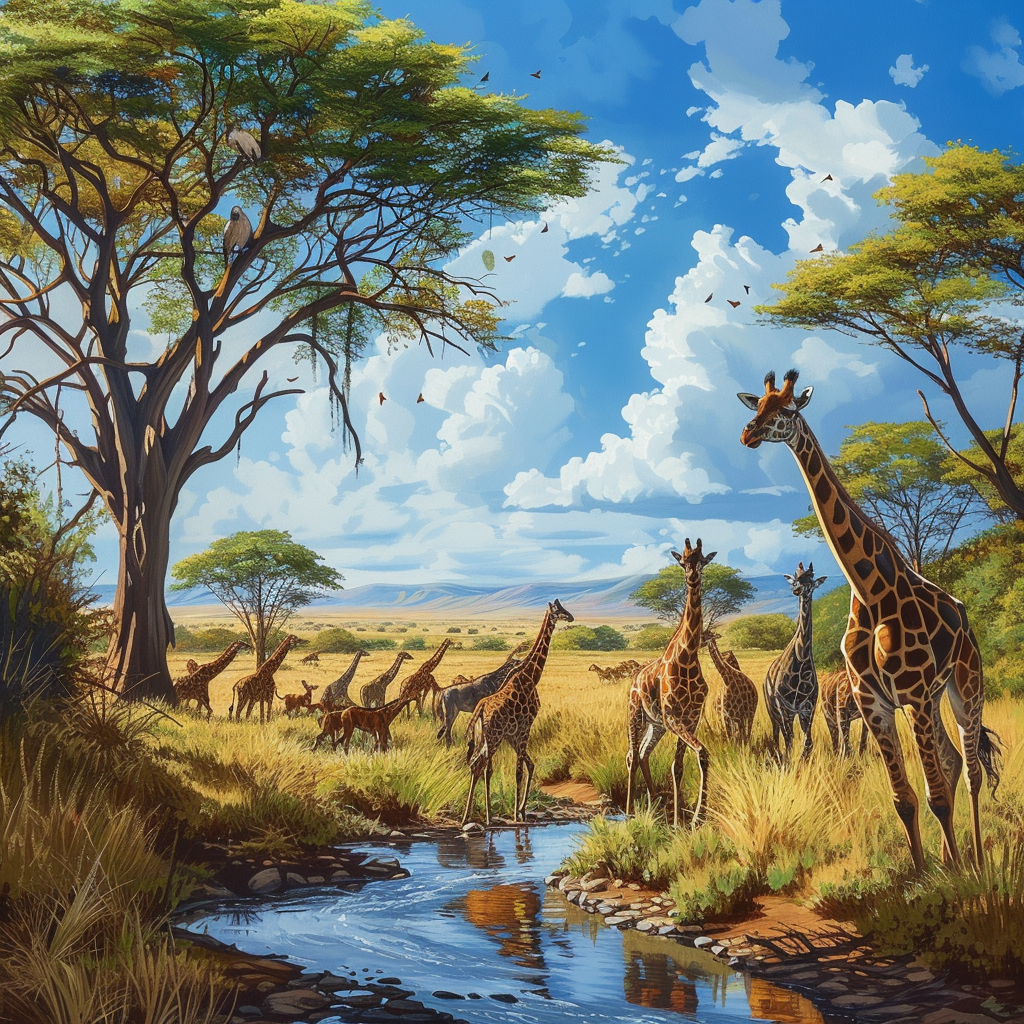 realistic oil painting illustration of giraffes in savanna