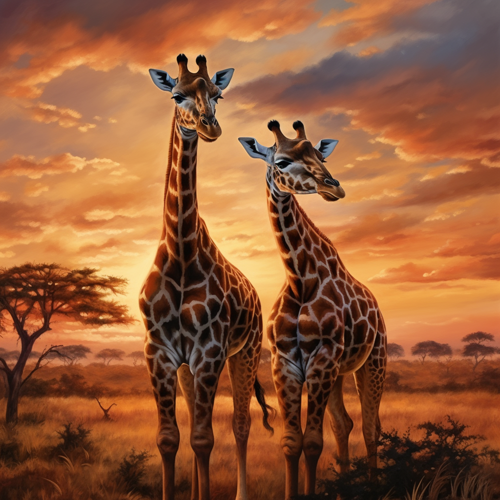 Giraffes in African Savanna at Dusk