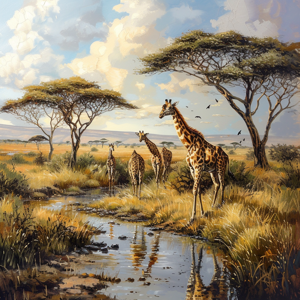 Giraffes walking in African savanna with trees and stream