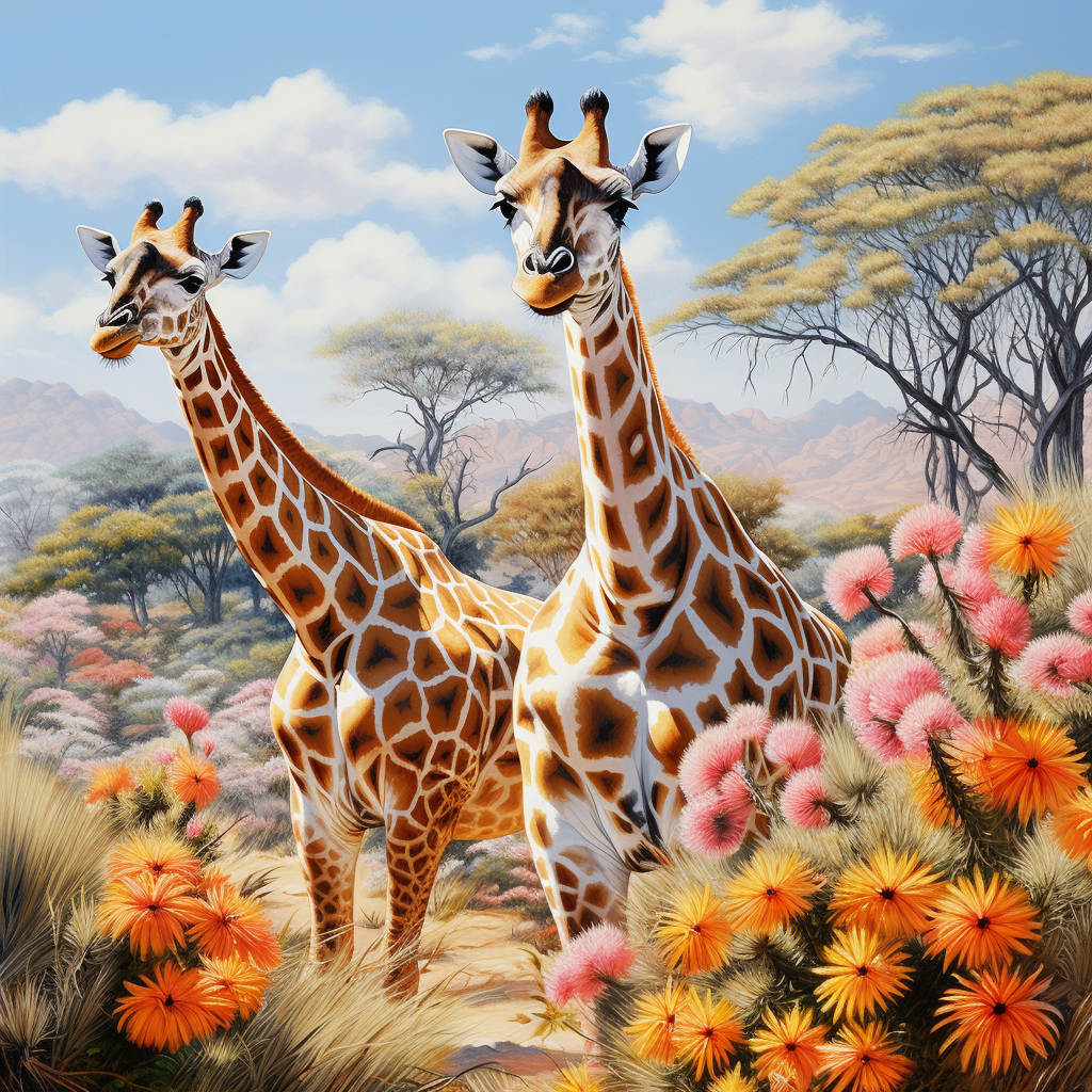 Giraffes in African Savanna with Wildflowers and Acacia Trees