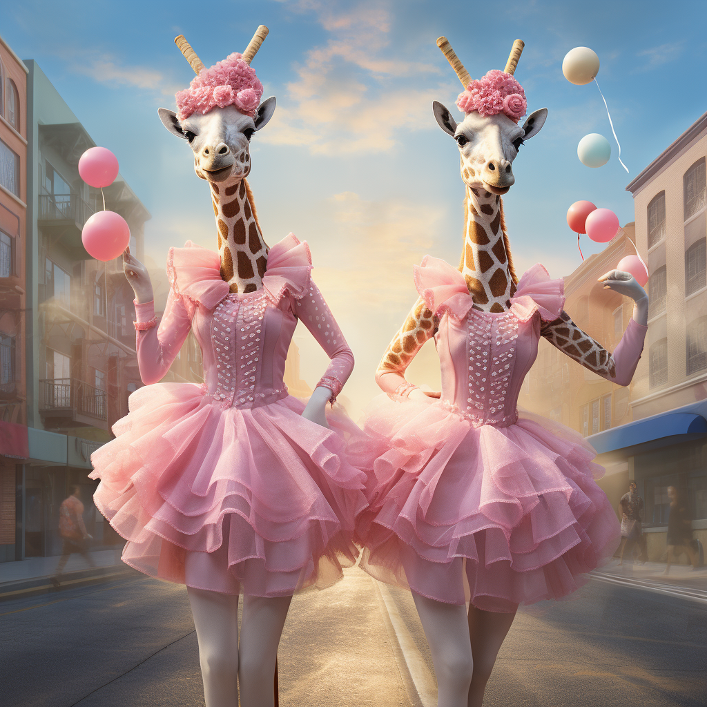 Giraffes in Ballerina Tutus Performing on City Street