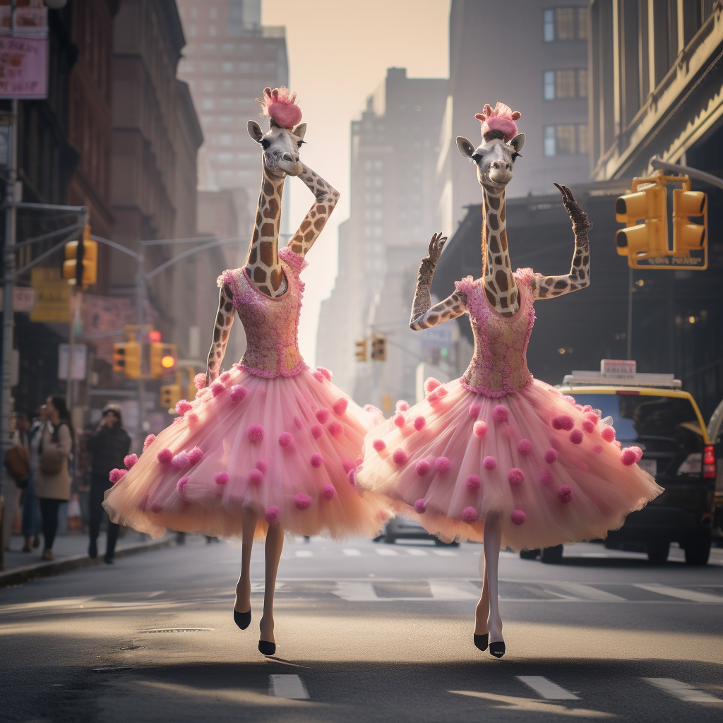 Giraffes dancing in colorful tutus on city street